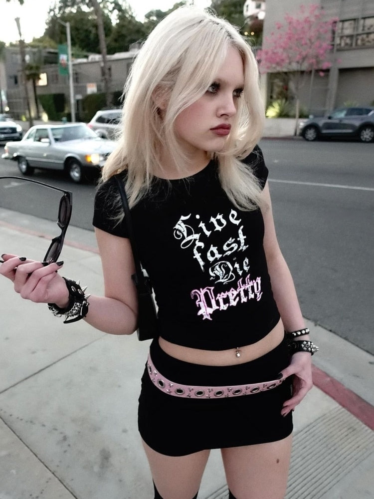 LIVE FAST DIE PRETTY Crop Top Baby Tee